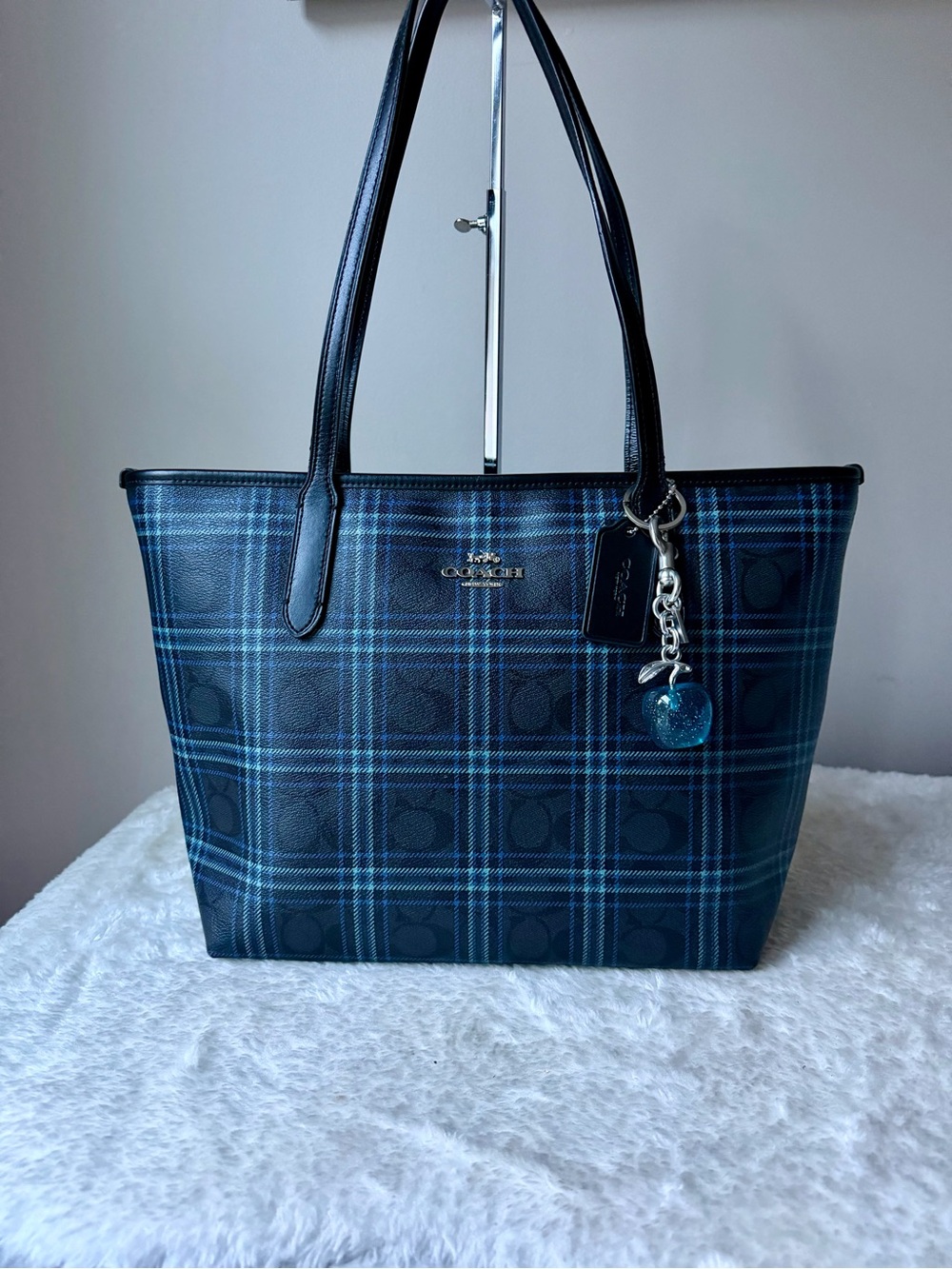 Coach Blue Plaid Print Zip Top Tote bag with charm